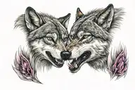 Two wolf heads facing each other Amethyst colored heart eyes Ruby in the center Mouths open showing teeth tattoo design idea
