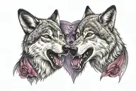 Two wolf heads facing each other Amethyst colored heart eyes Ruby in the center Mouths open showing teeth tattoo design idea