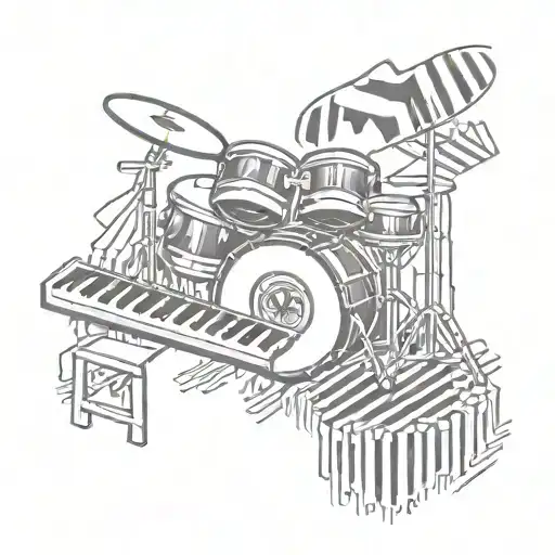 A tattoo design featuring a drum set and piano keys intertwined in a unique pattern tattoo design idea