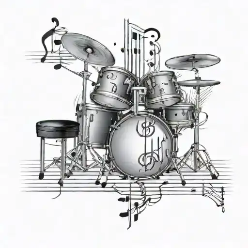 A tattoo design of a drum set and piano keys surrounded by musical symbols and lyrics that hold personal significance to the client tattoo design idea