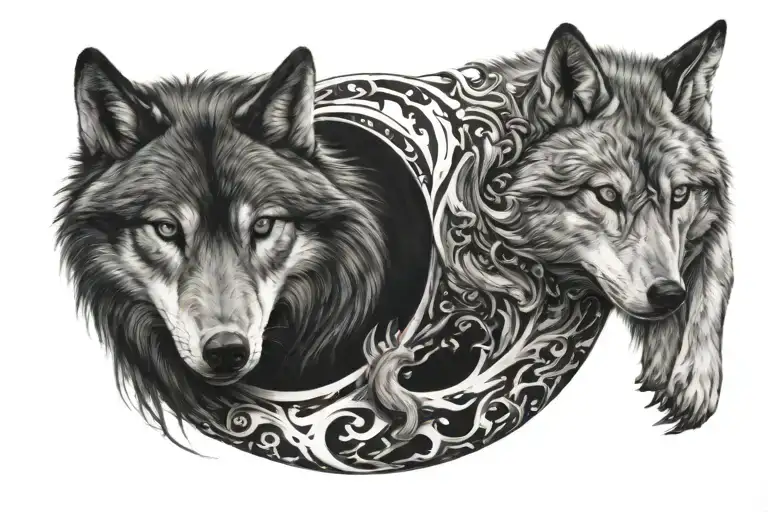 ying yang  black and white wolfs tattoo design idea