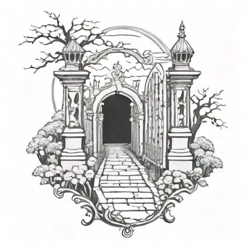 graveyard gates with pathway to heaven   tattoo design idea