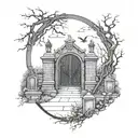 graveyard gates with pathway to heaven   tattoo design idea