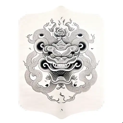 foo dog hanya mask snake cherry blossom  tattoo design idea