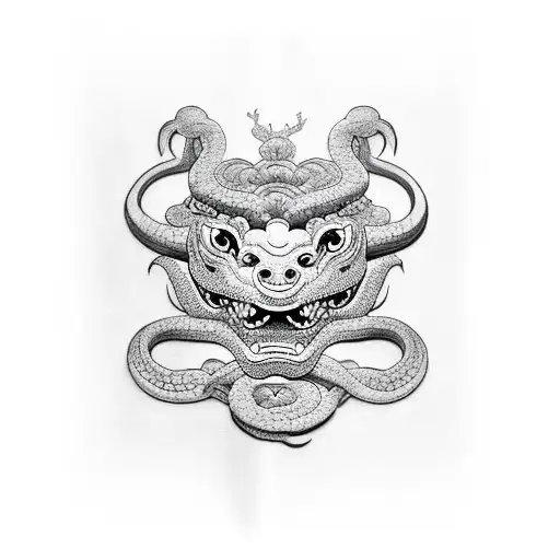 foo dog and hanya mask  and snake and cherry blossom  tattoo design idea