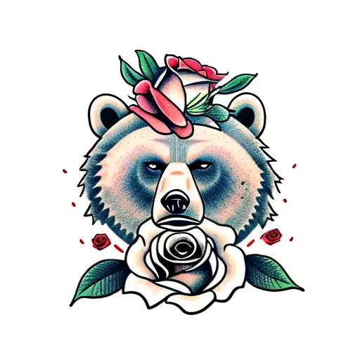 face of a bear with roses for a knee tattoo design idea