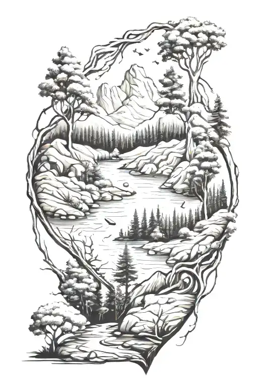 trees and mountains with river and a heart with mom in the heart tattoo design idea