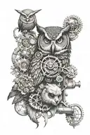 steampunk sleeve with an owl, a panda, a goat and a honey badger tattoo design idea
