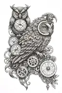steampunk sleeve with an owl, a panda, a goat and a honey badger tattoo design idea