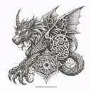 A tattoo design of a mythical creature inspired by gaming, surrounded by intricate patterns representing monuments being restored tattoo design idea