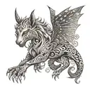 A tattoo design of a mythical creature inspired by gaming, surrounded by intricate patterns representing monuments being restored tattoo design idea