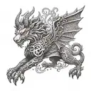 A tattoo design of a mythical creature inspired by gaming, surrounded by intricate patterns representing monuments being restored tattoo design idea