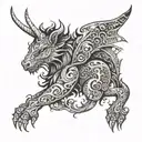 A tattoo design of a mythical creature inspired by gaming, surrounded by intricate patterns representing monuments being restored tattoo design idea