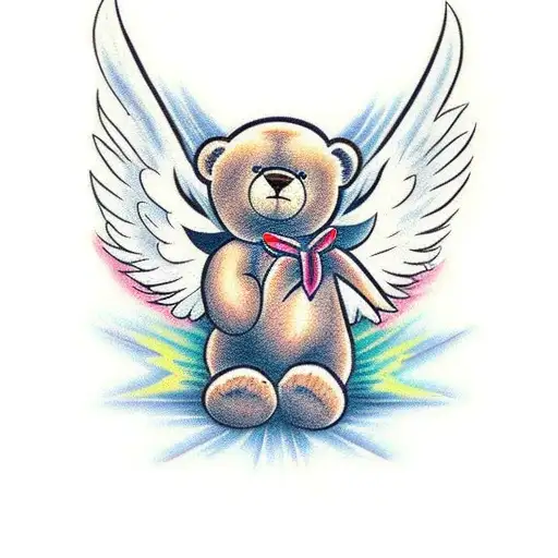 teddy bear with angel wings small tattoo design idea
