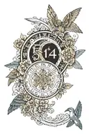 circular pattern with elements of heaven and angels with the dates of  5.4.1988 and 9.10.1973 tattoo design idea