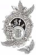 circular pattern with elements of heaven and angels with the dates of  5.4.1988 and 9.10.1973 tattoo design idea