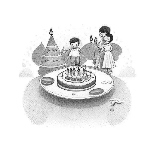 A dotwork tattoo depicting a nostalgic scene from childhood, with a father and his two daughters blowing out birthday candles on a cake. tattoo design idea