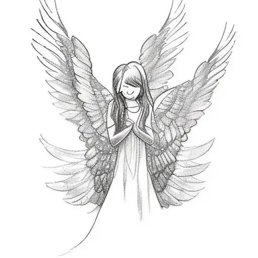 A sketch-style tattoo capturing a heartwarming moment between a father and his daughters, surrounded by floating memories in the form of delicate angel wings. tattoo design idea