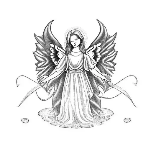 A whimsical blackwork tattoo featuring a guardian angel watching over two daughters, with their birthdates incorporated into the design. tattoo design idea