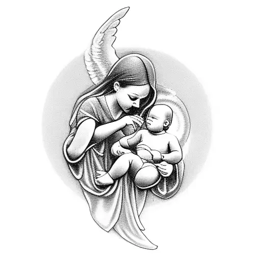 A black-grey tattoo showcasing a serene angelic figure cradling a baby, symbolizing the precious memories of a daughter's infancy. tattoo design idea