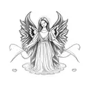 A whimsical blackwork tattoo featuring a guardian angel watching over two daughters, with their birthdates incorporated into the design. tattoo design idea