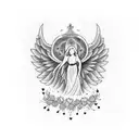 A whimsical blackwork tattoo featuring a guardian angel watching over two daughters, with their birthdates incorporated into the design. tattoo design idea