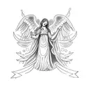 A whimsical blackwork tattoo featuring a guardian angel watching over two daughters, with their birthdates incorporated into the design. tattoo design idea
