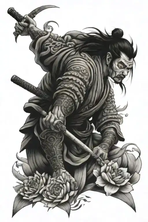 Japanese Samurai warrior with tiger, waves and lotus flowers tattoo design idea