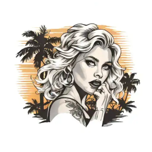 ibiza sunset background with pinup girl with blonde hair and brown eyes tattoo design idea