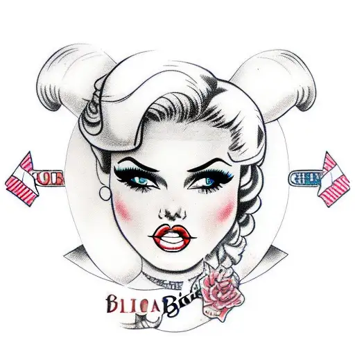 pinup girl blonde hair brown eyes with ibiza background  tattoo design idea