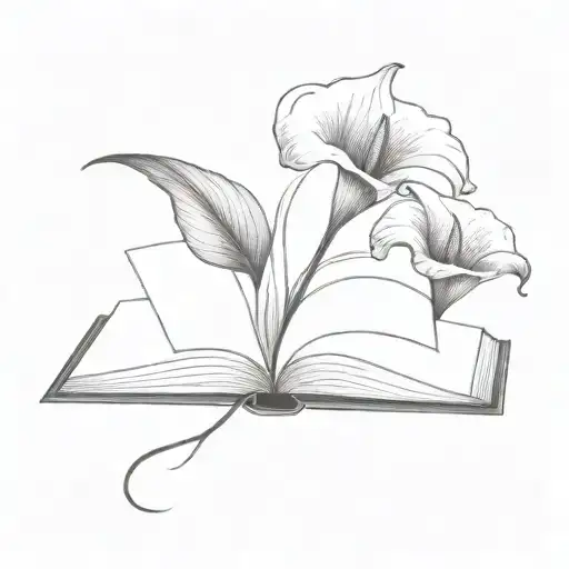 A black and grey tattoo of a calla lily, a rose, and a chrysanthemum, blooming within an open book, symbolizing growth and knowledge tattoo design idea