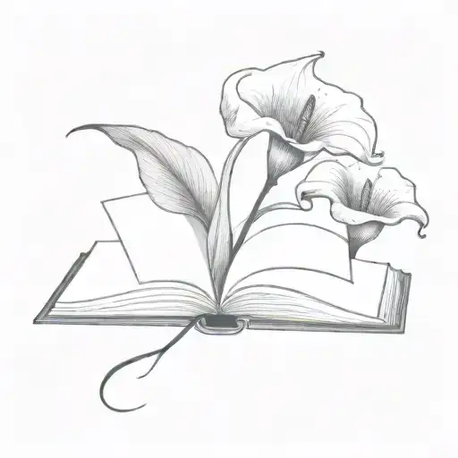 A black and grey tattoo of a calla lily, a rose, and a chrysanthemum, blooming within an open book, symbolizing growth and knowledge tattoo design idea