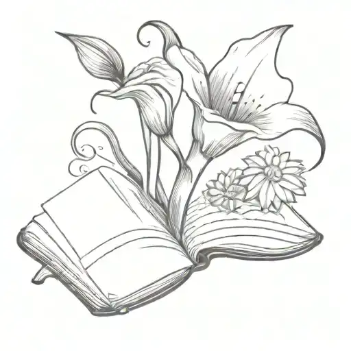 A black and grey tattoo of a calla lily, a rose, and a chrysanthemum, blooming within an open book, symbolizing growth and knowledge tattoo design idea