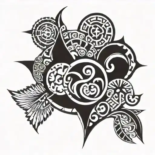 Create a tattoo design that symbolizes the client's love for Polynesian culture through a fusion of tribal patterns and iconic landmarks from the Pacific islands tattoo design idea