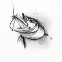 A fishing rod transforming into a pencil, sketching a landscape tattoo design idea