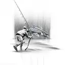 A fishing rod transforming into a pencil, sketching a landscape tattoo design idea