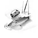 A fishing rod transforming into a pencil, sketching a landscape tattoo design idea