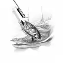 A fishing rod transforming into a pencil, sketching a landscape tattoo design idea