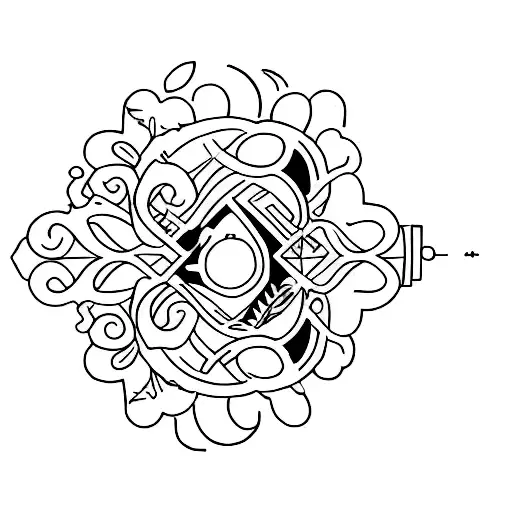 Create a black and white tattoo symbolizing a hippie couple. The man has a beard and hair bun, the woman has shoulder-le tattoo design idea