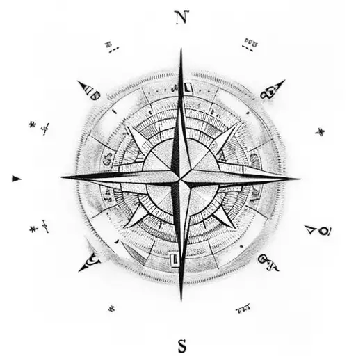 A dotwork tattoo of a compass with a moon-shaped dial, symbolizing the wanderer's journey guided by the moon across different destinations and time tattoo design idea