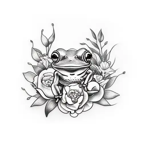 A realistic tattoo of a frog surrounded by lush plants and flowers tattoo design idea