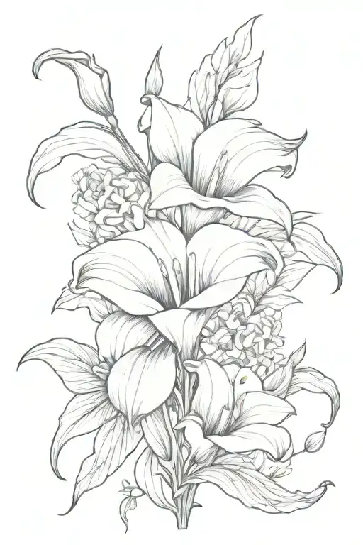 calla lily and marigold flower intertwined tattoo design idea