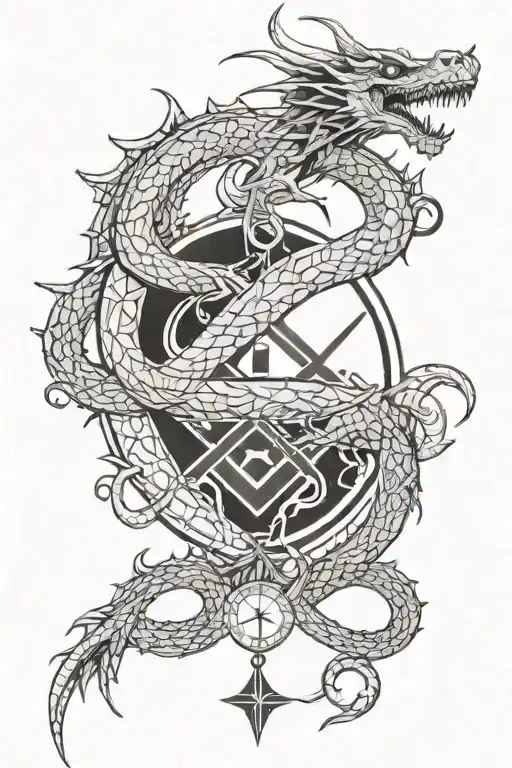 Design a dragon intertwined with Freemason symbols for a mysterious tattoo tattoo design idea