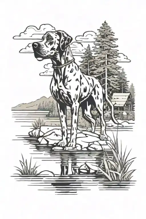 A cartoon design featuring a Great Dane playing by a lake, with a background of lush woods and a cabin in the distance tattoo design idea