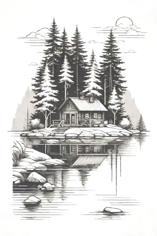 A serene lake scene with a cabin nestled among the woods, surrounded by hiking trails tattoo design idea