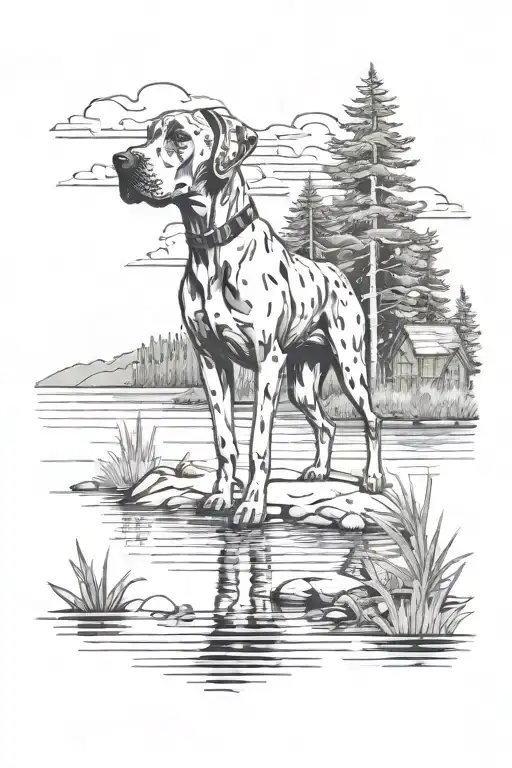 A cartoon design featuring a Great Dane playing by a lake, with a background of lush woods and a cabin in the distance tattoo design idea