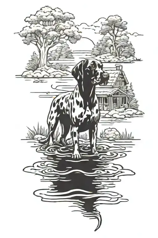 A whimsical design featuring a Great Dane playing in a lake, with a background of lush woods and a cabin in the distance tattoo design idea