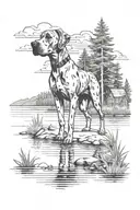 A cartoon design featuring a Great Dane playing by a lake, with a background of lush woods and a cabin in the distance tattoo design idea