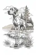 A cartoon design featuring a Great Dane playing by a lake, with a background of lush woods and a cabin in the distance tattoo design idea