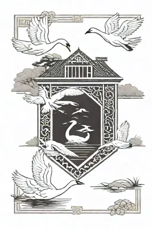 Two white swans in a rectangular frame, one of them is flying. Next to it is a Japanese house and below it is a pond of  tattoo design idea